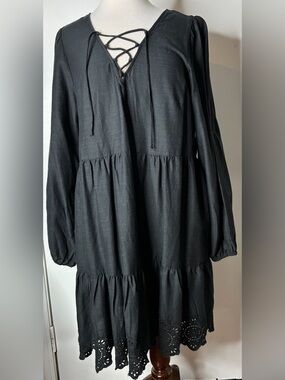 Old Navy Black Tiered Lace-Up Babydoll Dress NWT